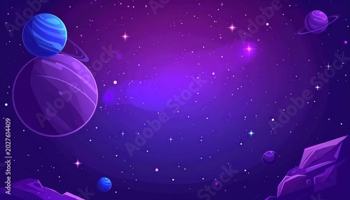 Vibrant Purple Nebula with Planets and Stars in Deep Space.
