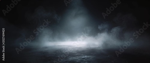Dark moody fog background with mist smoke and spotlight, empty dramatic stage over wet textured floor, cinematic surreal fantasy scene with eerie mysterious light atmospheric space and swirling vapor