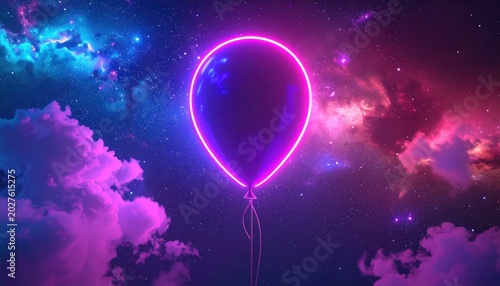 Vibrant Neon Balloon Floating in a Cosmic Nebula Sky.