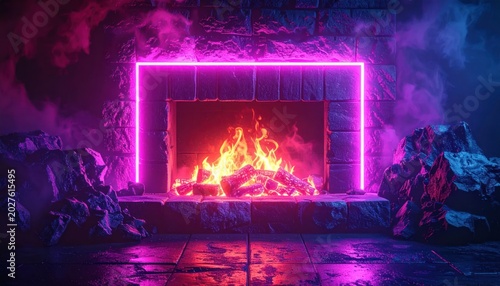 Vibrant Neon Fireplace with Crackling Flames and Mystical Ambiance.