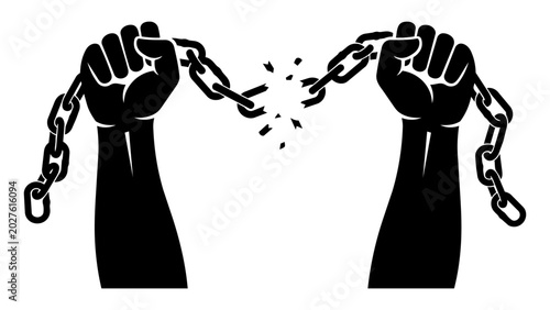 Two raised black fists breaking free from metal chains representing freedom and liberty isolated on transparent background, Vector