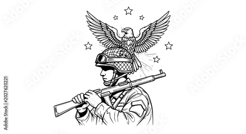 Quadro su tela Soldier with Rifle and Eagle Emblem - Military Patriotism Illustration