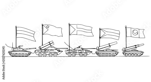 Schilderij op canvas Military Tanks with Flags Lineup