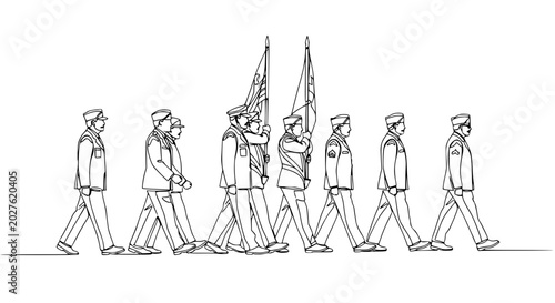 Tableau sur toile Military Parade Formation: Soldiers Marching with Flags in Outline
