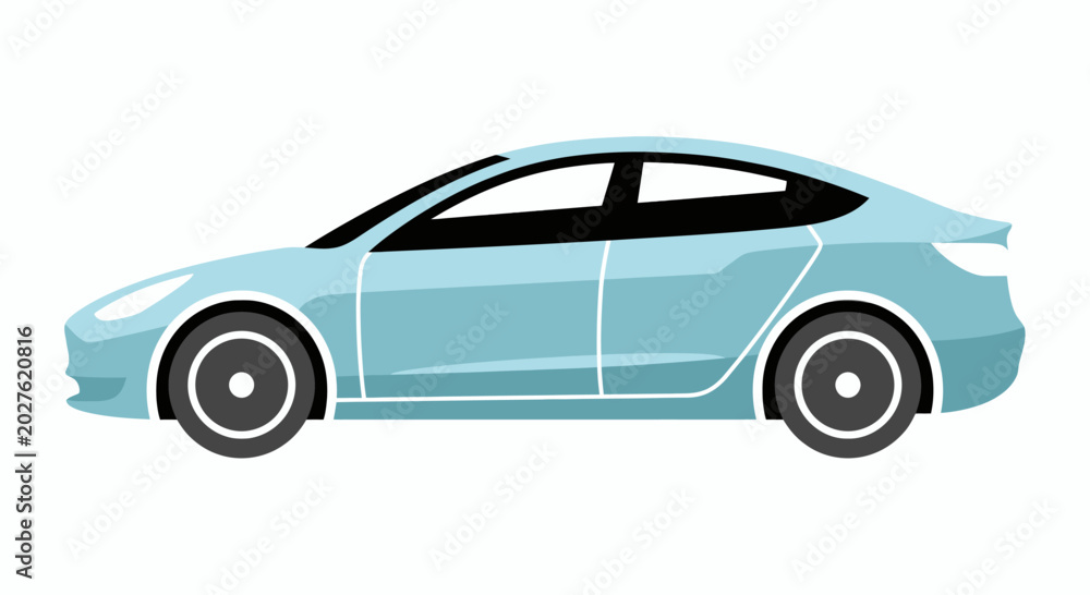 Fototapeta premium Sleek light blue sedan car illustration, side view, modern electric vehicle design