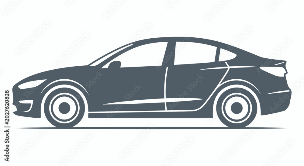 Obraz premium A sleek, modern, dark gray sedan car silhouette, isolated on a white background, representing contemporary automotive design