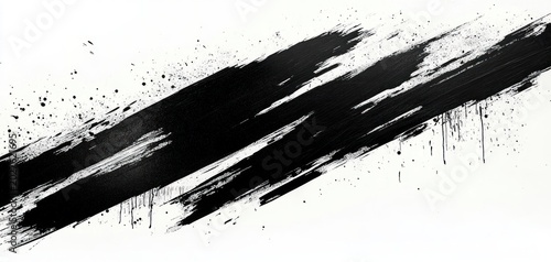 Bold diagonal black paint strokes with splatters and drips on a white background conveying energetic raw motion