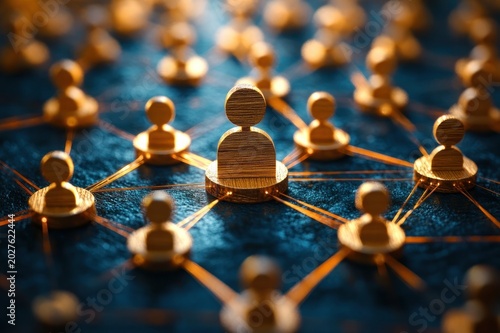 central wooden figure on an illuminated interconnected network of wooden person tokens with glowing golden links conveying unity, collaboration and leadership