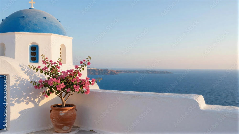 Obraz premium Blue-domed church pink flowers white walls overlooking the sea.