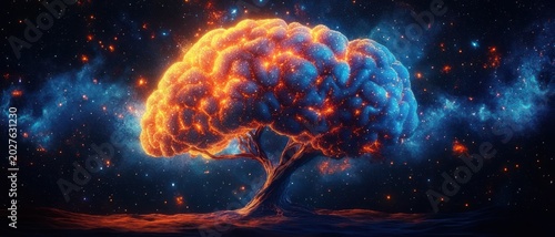 Glowing brain-shaped tree split into fiery orange and cool blue, set against a starry galaxy and nebula sky with embers drifting above a barren ground, evoking awe and wonder