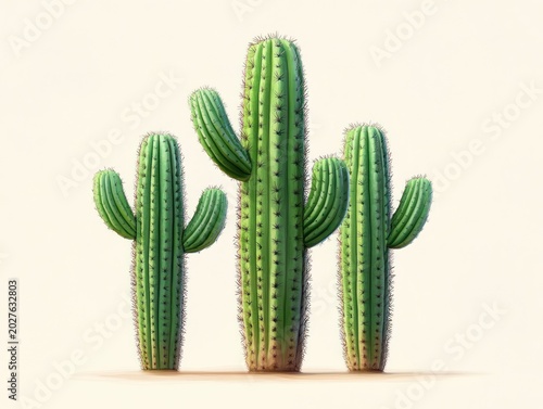 Three tall green columnar cacti with arms and sharp spines on a clean neutral background, minimalist serene composition