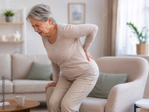 Senior Woman Suffering from Lower Back Pain at Home – Chronic Backache Concept