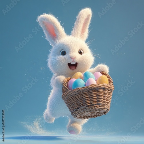 joyful fluffy white bunny leaping while holding a wicker basket of pastel eggs on a soft blue background