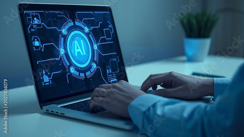 Hands typing on a laptop with a glowing AI interface on the screen, symbolizing artificial intelligence and technology