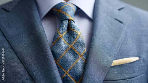 Close-up of a stylish light blue suit with a checkered tie and pocket square