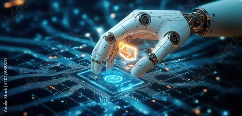 Futuristic robotic hand delicately touching a glowing microchip on a circuit board with a holographic orange cube, evoking precision and curious innovation