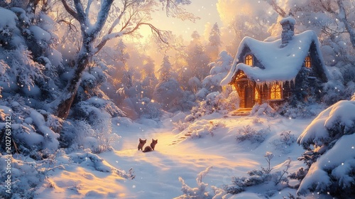 cozy glowing cottage in a snow-covered forest at sunset with two foxes in the snow, warm lights and a peaceful magical winter atmosphere
