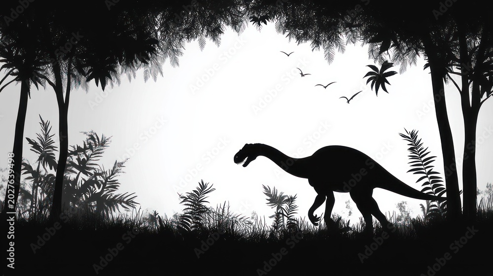 Fototapeta premium silhouette of a long-neck dinosaur walking through a dense prehistoric forest clearing with ferns, palm trees and flying birds, calm and mysterious mood