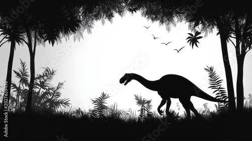 silhouette of a long-neck dinosaur walking through a dense prehistoric forest clearing with ferns, palm trees and flying birds, calm and mysterious mood