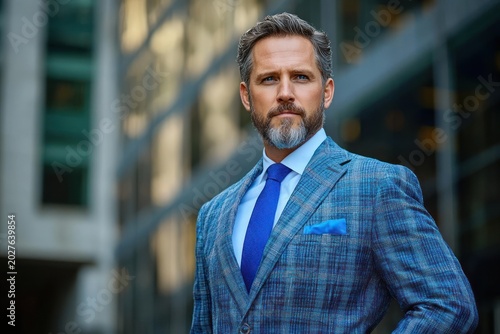 Confident man in blue plaid suit with blue tie and pocket square standing in a power pose in an urban business district with glass office buildings