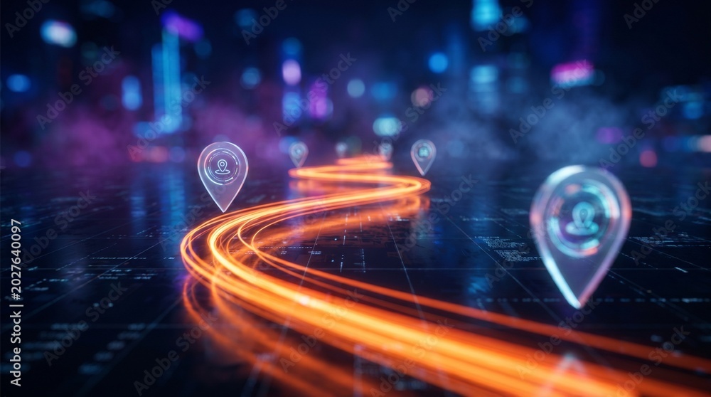 Fototapeta premium Futuristic glowing roadmap with milestone checkpoints and navigation path, business strategy concept featuring progress tracking, project planning, direction and success journey