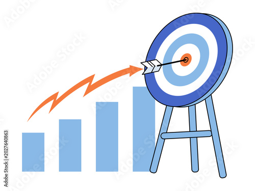 Bar chart with arrow hitting bullseye target vector illustration. Business growth, marketing strategy, success, goal achievement, performance, data analysis. Statistical graph with dart striking mark