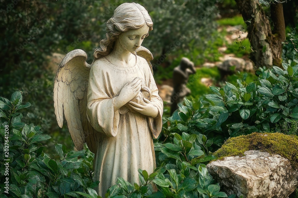 Obraz premium stone angel statue with folded hands and wings in lush garden beside mossy rock and a small blurred statue in background, serene contemplative mood