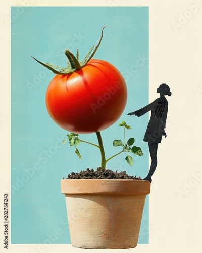 Surreal giant ripe tomato growing from a terracotta pot with soil and small leaves, a black paper-cut woman silhouette pointing in playful wonder against a blue and cream background