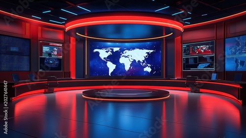 Empty futuristic news studio with circular stage, curved anchor desk, large world map display and red-blue ambient lighting, sleek high-tech atmosphere