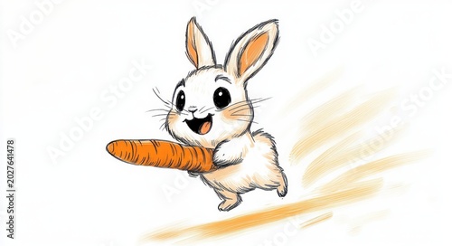 happy white bunny clutching a large orange carrot and leaping with motion streaks, energetic and playful expression