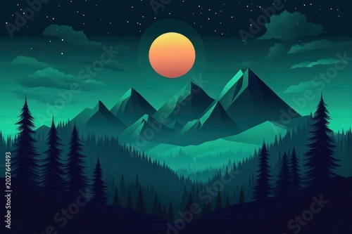 Dreamy teal mountain landscape with a glowing moon, starry sky, misty pine forests and serene twilight mood