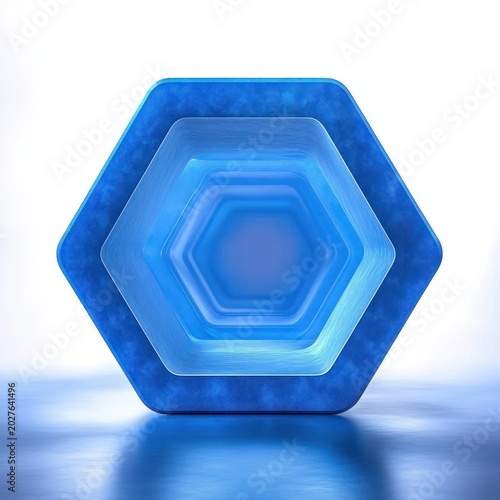nested blue hexagonal frames with glowing center on reflective surface, minimalist calm futuristic composition