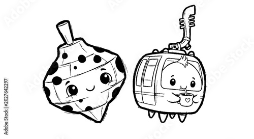 Cute spinning top and cable car characters