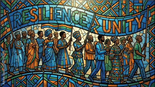 Detailed Juneteenth Stained Glass Window Illustration - Resilience and Unity Civil Rights March Mosaic Graphic