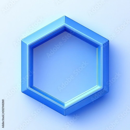 glossy blue 3d beveled hexagon with recessed center on soft pale blue background, minimal modern and serene aesthetic