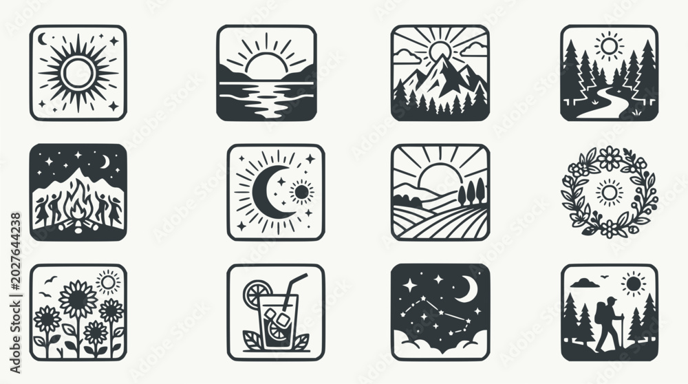 Fototapeta premium Collection of Nature and Outdoor Icons: Sun, Mountains, Forest, Camping, Moon, Fields, Drink, Stars