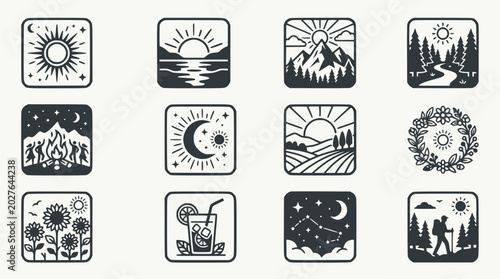 Billede på lærred Collection of Nature and Outdoor Icons: Sun, Mountains, Forest, Camping, Moon, F