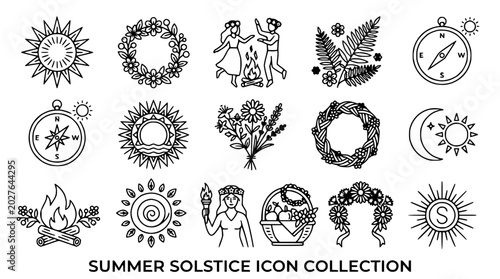 Schilderij op canvas Summer Solstice Icon Collection: Sun, Wreaths, Dancing, Nature, Compass, Fire, M