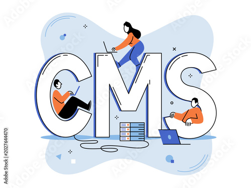 People working on large CMS letters vector illustration. Web development, digital marketing, software engineering, content strategy, database, online business. Developers with system typography