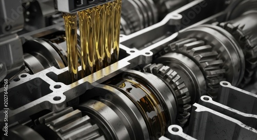 Detailed close-up view of a complex mechanical gearbox with golden lubricating oil flowing through gears.