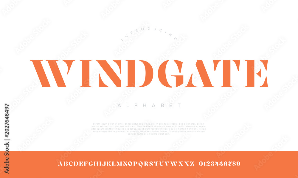 Fototapeta premium Windgate bold modern stencil display alphabet font numbers vector typography design for branding logotype