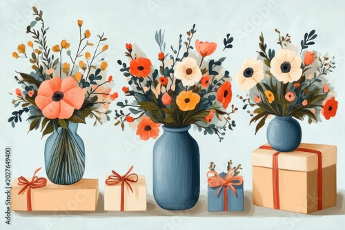 Three blue vases holding colorful poppy and anemone bouquets beside wrapped gift boxes on a soft pastel background, cheerful festive floral still life