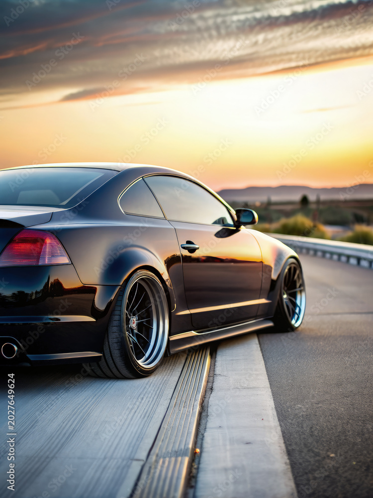 Fototapeta premium Black Car Driving Down the Road