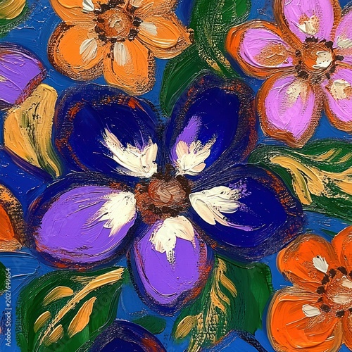 Vibrant textured painting of purple, orange, and pink flowers with green leaves and bold impasto brushstrokes conveying a joyful energetic mood