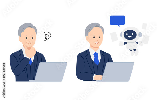 AI･チャットボットで情報収集を効率化する経営者のセット【人物ベクターイラスト素材】