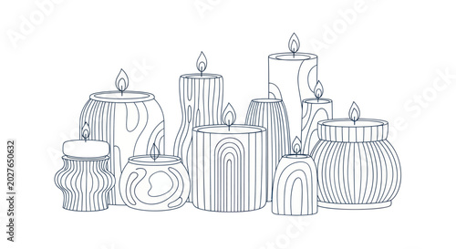 Quadro su tela Collection of various decorative candles with flickering flames in a minimalist line art style