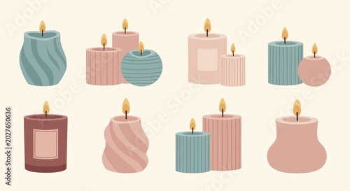 Foto Collection of various decorative scented candles with burning flames