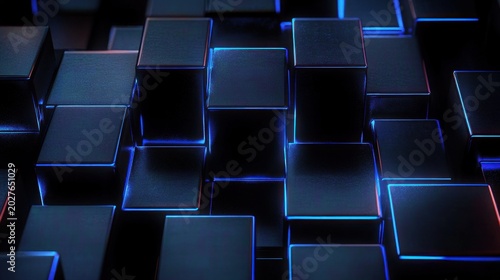 Dark metallic 3D cubes with glowing blue and red neon edges arranged in a stacked grid, sleek futuristic abstract composition with a mysterious high-tech mood