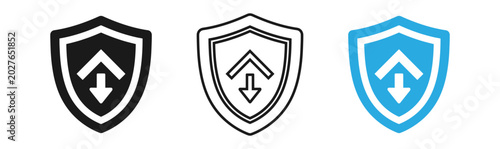 Security shield icon set black outline and blue versions for data protection concepts