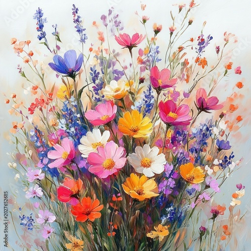 vibrant bouquet of wildflowers in pink, purple, yellow, white and orange with delicate stems and an airy background evoking joyful spring freshness